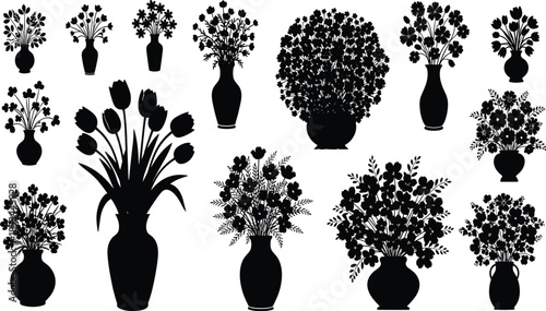 Elegant black silhouette flower arrangements in assorted vases, decorative floral bouquet designs, creative botanical composition set, ornamental vector art illustration