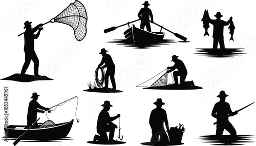 Fisherman silhouette collection, fishing with nets and rods, outdoor activity, river fishing, boat fishing, traditional fisherman vector illustration art