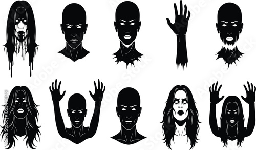 Horror silhouette icons, scary zombie figures, creepy ghost illustration, Halloween graphic, black vector set, spooky character design, eerie undead, isolated