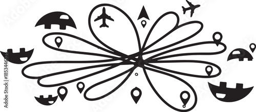 Modern transportation network with travel icons and locations