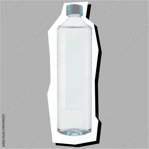 Mineral bottle Halftone Dotted Collage Element Pointillize in Paper Torn vector for beverage ads. Ideal for hydration themes and modern zine layouts.
