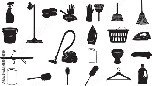 Cleaning tools and supplies in black silhouette