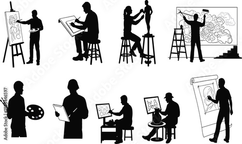 Silhouettes of artists painting, drawing, sculpting, designing, using easels and tablets, showcasing creative professions, fine art, digital and traditional techniques