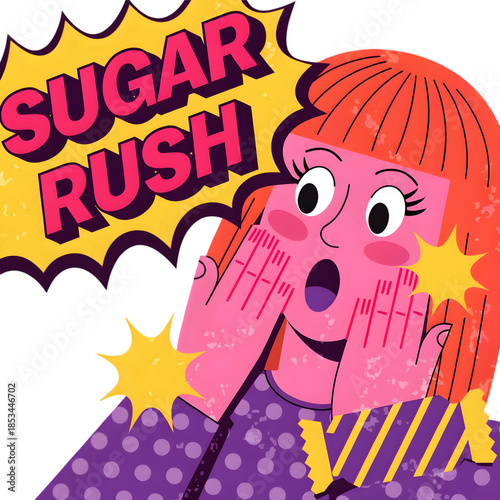 Sugar Rush Excitement: A Vibrant Cartoon Depicting Sweet Craving & Energetic Reaction on transparent background