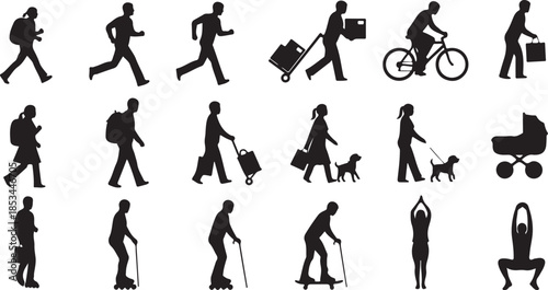 People in various activities and transportation methods