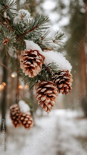 Close-up of snow-dusted pine branches with pinecones in soft Nordic winter light, minimalist natural texture composition