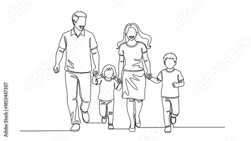 Happy family walking together, continuous line drawing, parents and two children, minimalist art illustration