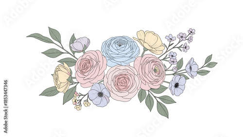 Elegant Pastel Floral Bouquet Illustration. Delicate Spring Flowers and Leaves Arrangement for Design.