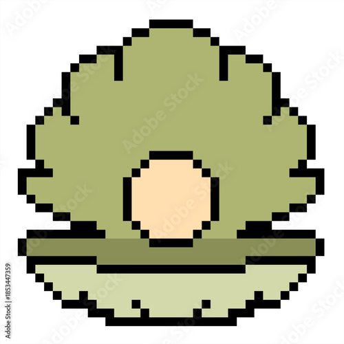 Pixel pearl clam vector for underwater games and treasure icons. Ideal for symbolizing ocean riches, jewelry, sea life, and retro exploration.