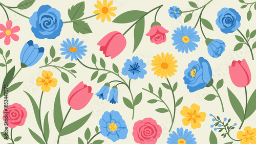 Vibrant Floral Pattern Illustration with Spring Flowers and Green Leaves on a Light Textured Background
