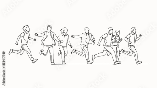 Diverse group of people running in motion. Minimalist continuous line art illustration.