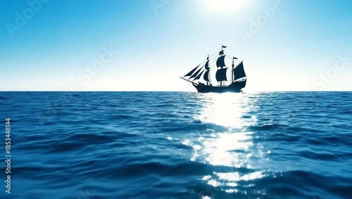 A majestic tall ship sails across the vast blue ocean, reflecting the bright sun on its surface.