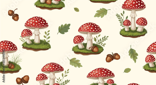An elegant seamless pattern with detailed illustrations of red fly agaric mushrooms, acorns, and oak leaves on a light background.