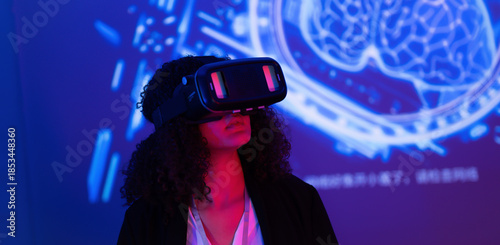 Virtual reality experience in a futuristic setting with a woman exploring digital landscapes