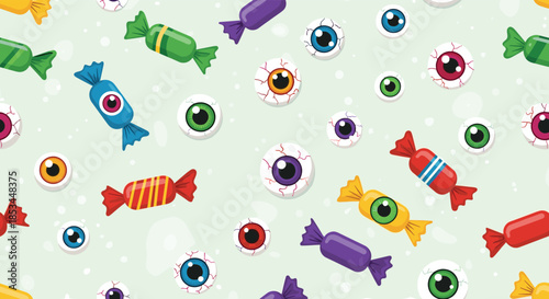 A spooky and sweet seamless Halloween pattern featuring colorful wrapped candies and creepy eyeballs on a light green background.