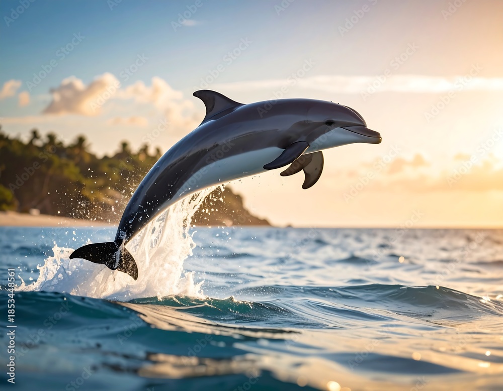 Fototapeta premium A sleek dolphin leaps from the ocean, backlit by a vibrant sunset