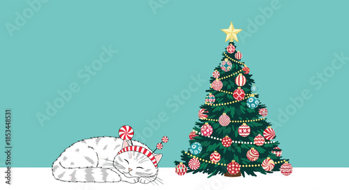 A peaceful Christmas scene with a cute white cat wearing a candy-striped hat sleeping soundly next to a decorated Christmas tree.