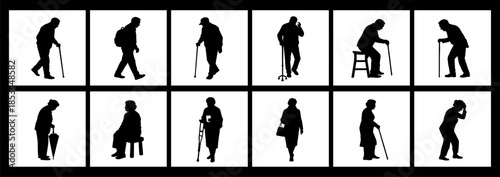 Elderly People Silhouette Set with Walking Cane and Daily Activities on White Background.