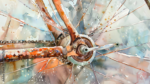 watercolor close-up vintage bicycle wheel rust