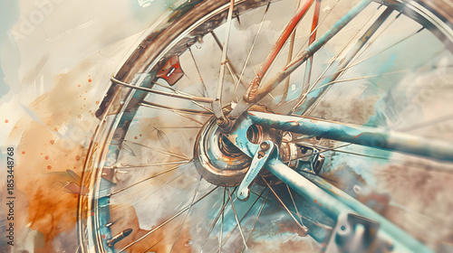 watercolor close-up vintage bicycle wheel rust