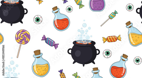 Seamless Halloween pattern with cauldrons, potions, candy, lollipops, and spooky eyeballs scattered on a white background for kids.