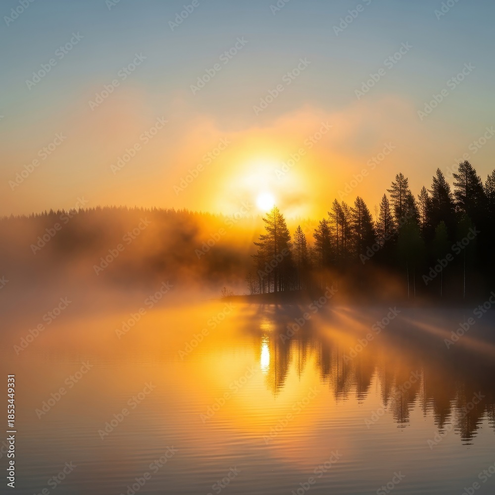 Obraz premium Serene sunrise over tranquil lake waters with misty forest in peaceful dawn atmosphere