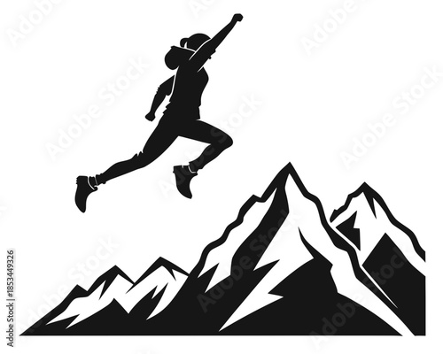 Person jumping over mountain silhouette vector illustration isolated on white background