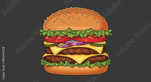 Detailed and appetizing cartoon illustration of a large double cheeseburger with sesame seed bun, lettuce, tomato, onions, and pickles.
