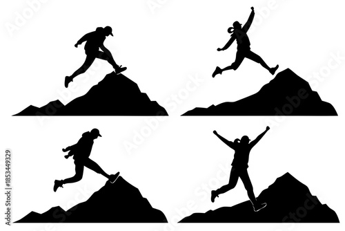 set of Person jumping over mountain silhouette vector illustration isolated on white background