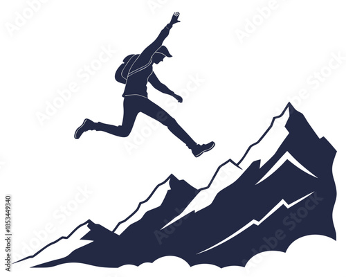Person jumping over mountain silhouette vector illustration isolated on white background
