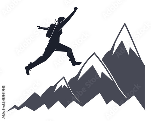 Person jumping over mountain silhouette vector illustration isolated on white background