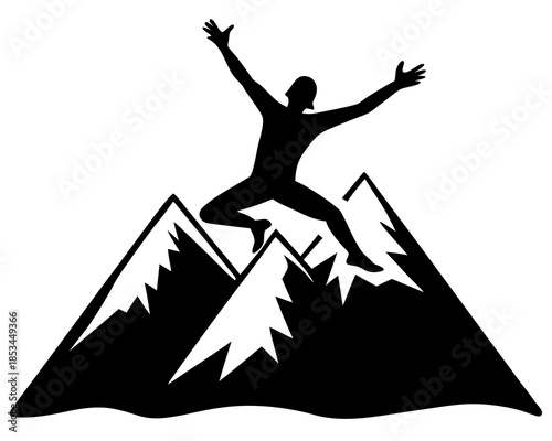 Person jumping over mountain silhouette vector illustration isolated on white background