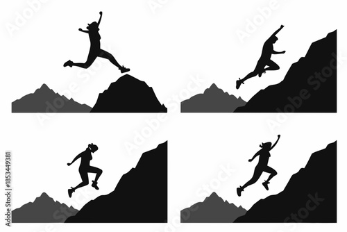 set of Person jumping over mountain silhouette vector illustration isolated on white background