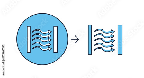 Simple blue icon demonstrating the concept of airflow or ventilation, showing wavy arrows moving through a filter-like structure.