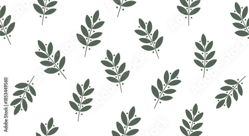 Minimalist seamless pattern of simple green leafy branches with small dots scattered on a clean white background for a natural feel.