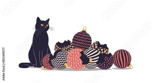 Humorous illustration of a mischievous black cat sitting calmly next to a pile of broken and shattered Christmas tree ornaments.