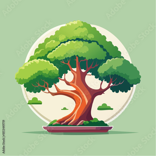 Cartoon illustration of a bonsai tree with green leaves and a brown trunk in a pot.