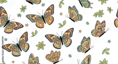 Seamless vintage-style pattern with hand-drawn butterflies and small green flowers and leaves scattered on a white background.