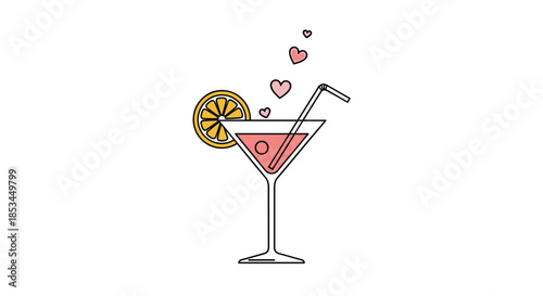 Simple and cute illustration of a pink cocktail in a martini glass with a lemon slice, straw, and floating hearts.