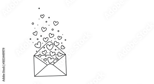 Simple and charming black and white line drawing of an open envelope with a cascade of hearts floating out, with copy space.