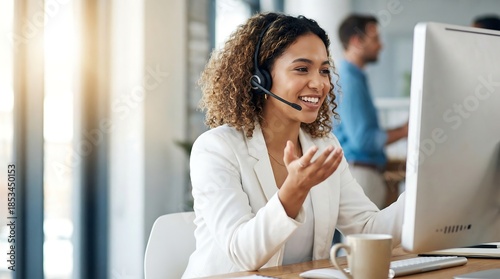Smiling professional call center agent enthusiastically assists a client, providing excellent customer support with a friendly demeanor in a modern office environment, dedication to service.