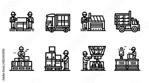 Logistics, Shipping & Warehouse Management Outline Icons Set: Supply Chain & Delivery Vector Graphics
