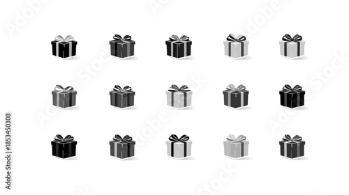 Grayscale Gift Boxes Collection with Decorative Ribbons Isolated on White Background for Celebrations and Special Occasions