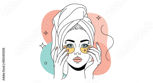 Stylish line art illustration of a woman with a towel on her head applying golden under-eye patches with abstract color shapes.