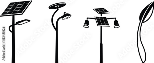 Solar powered street lamp icons featuring sustainable energy and modern lighting pole silhouettes