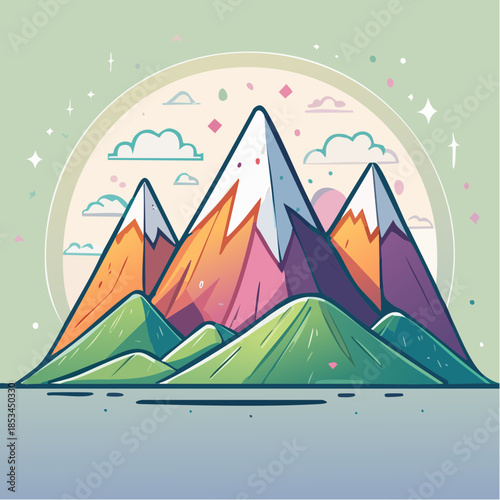 Colorful cartoon illustration of mountains with snow-capped peaks and green hills in the foreground.