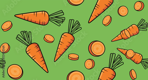 Seamless pattern with cartoon carrots and carrot slices scattered randomly on a vibrant green background for a healthy food theme.