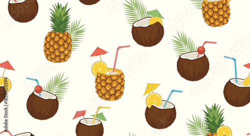 Seamless summer pattern with tropical cocktails served in pineapples and coconuts, decorated with straws, umbrellas, and palm leaves.