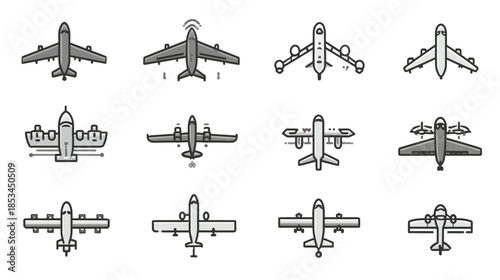 Aircraft Icons Set Top View. Vector Collection of Outline Airplane Symbols for Aviation, Travel, Logistics, and Transportation Design