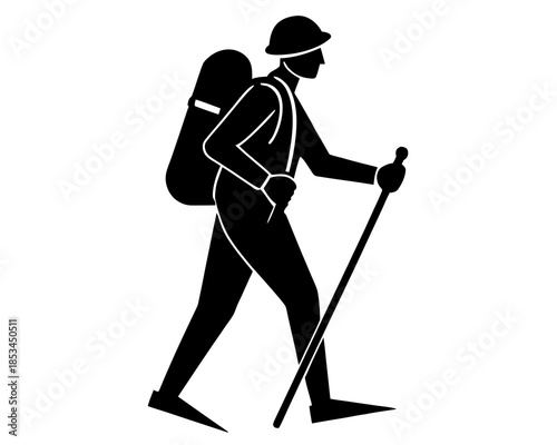 Person hiking with walking stick silhouette vector illustration isolated on white background